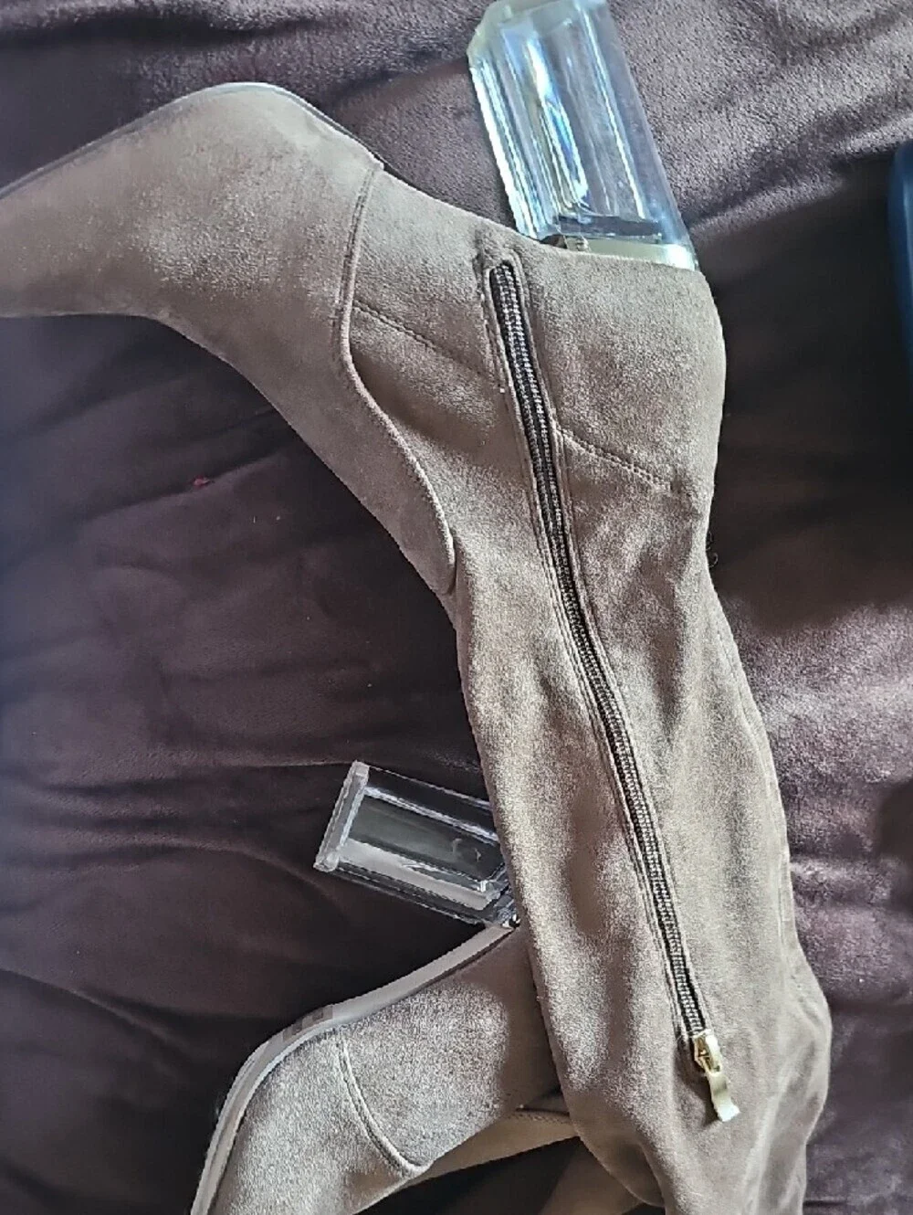 Brown Over-the-Knee Suede-Look Boots with Clear Block Heel